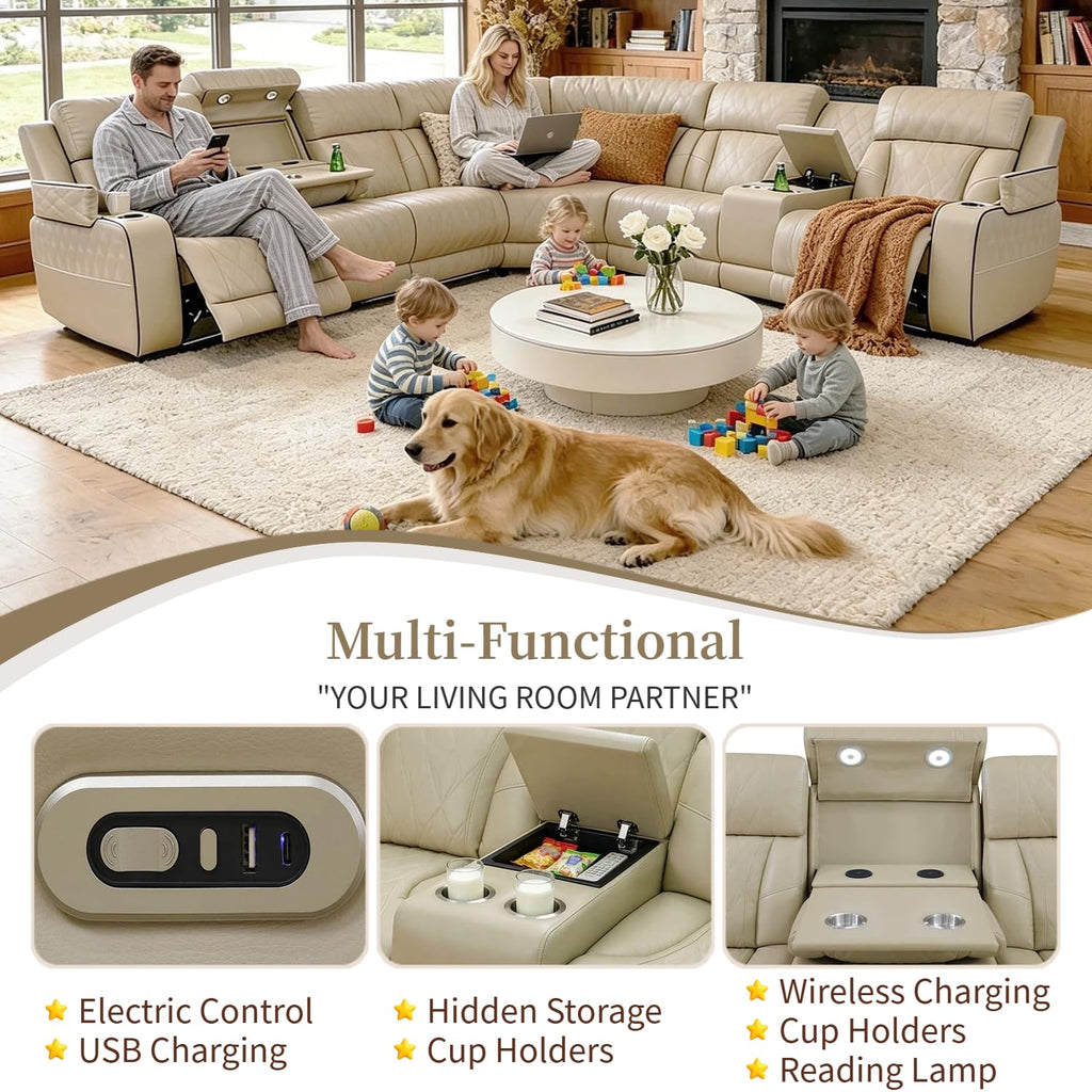 Breathing Leather Power Reclining Sofa Set, Sectional Couch with LED Light