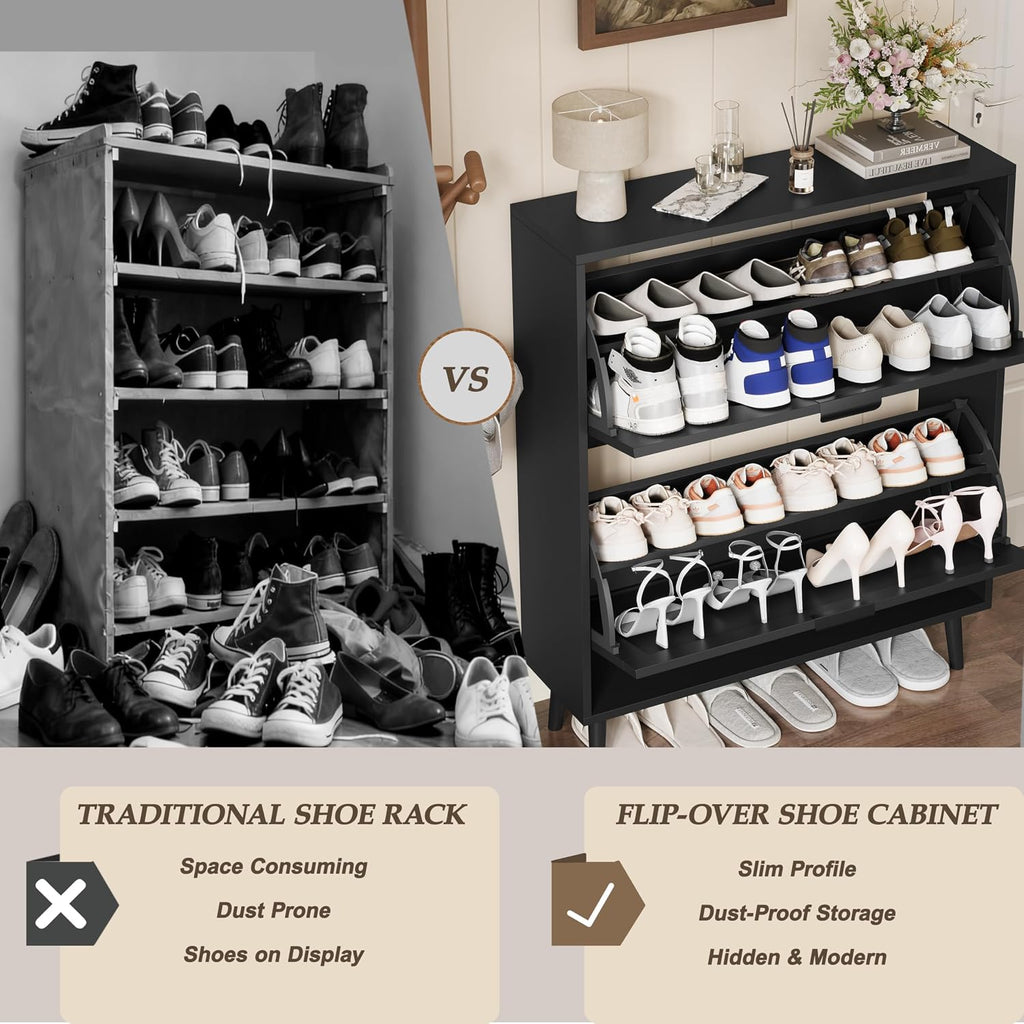 Shoe Storage Cabinet with 2 Flip Drawers, Narrow Wood Shoe Organizer Cabinet with Fluted Panel, Slim Shoe Rack