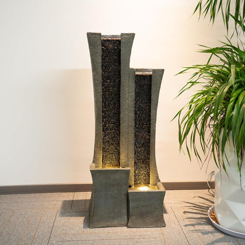39.76" H Modern Outdoor Water Fountain with LED Lights Floor-Standing Cascading Waterfall with Dual Curved Columns for