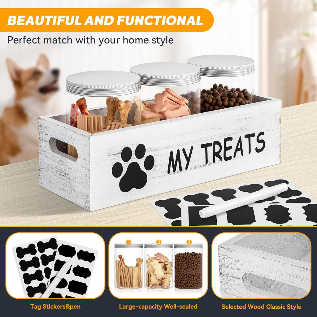 Dog Treat Container for Countertop - Dog Food Storage with 3 Jars - Pet Food Organizer For Puppy - Airtight White