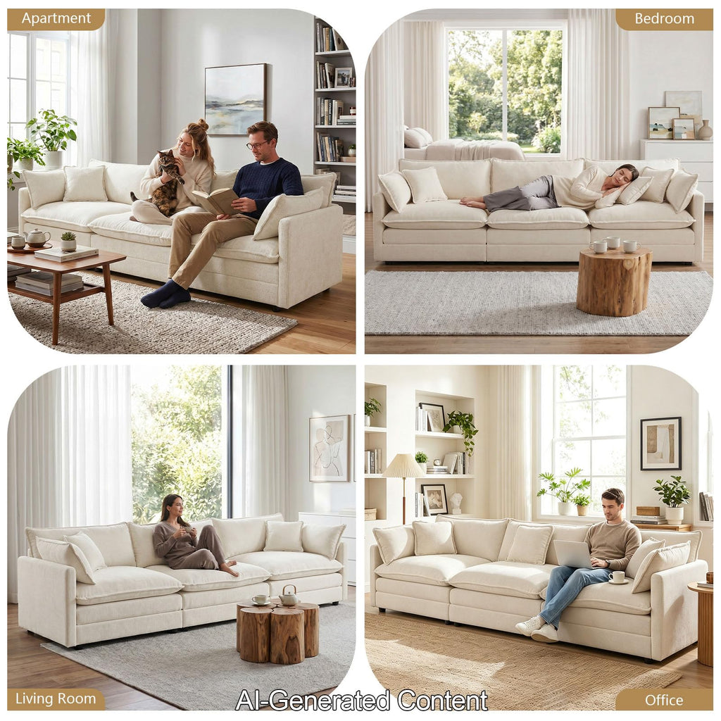112" Beige Modular 3 Seater Cloud Sectional Couches