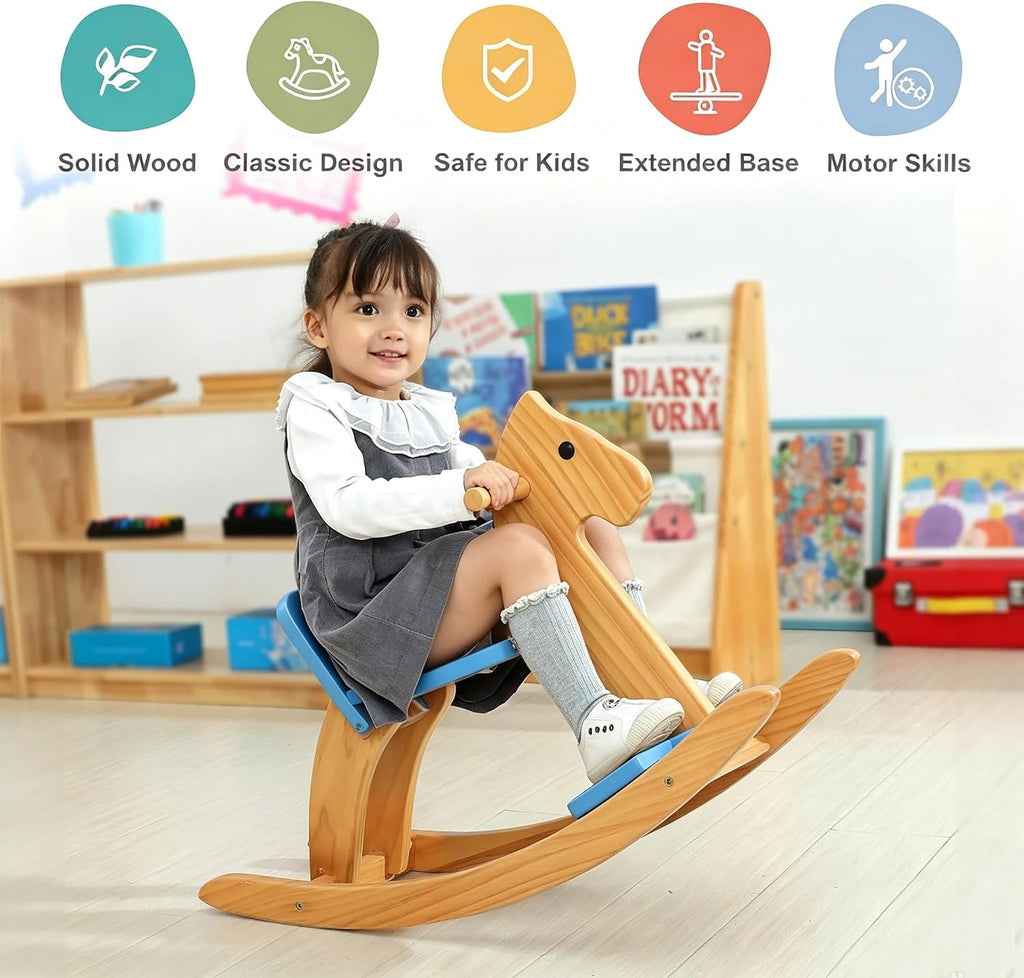 Wooden Rocking Horse, Boys Ride-On Toy with Safety Foot Pedal