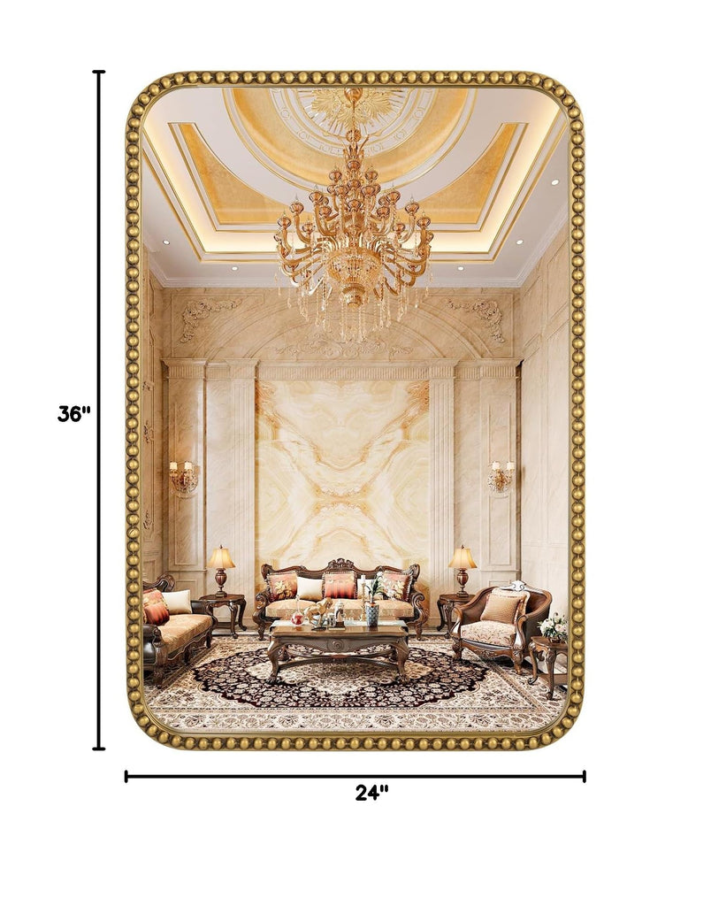 Wall Mirror - 24"x36" Rectangle Rounded Corner Beaded Frame Mirror, Large Vanity Mirror Hangs Horizontal or Vertical