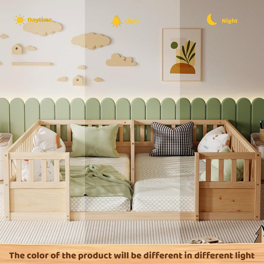 Double Bed with High Fence, Montessori Floor Bed for 2 Kids, Natural
