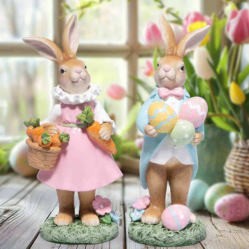 Easter Bunny Decoration Spring Rabbit Decor Gifts Handcrafted Resin Figurines Colorful and Charming Spring Decor - Set of 2