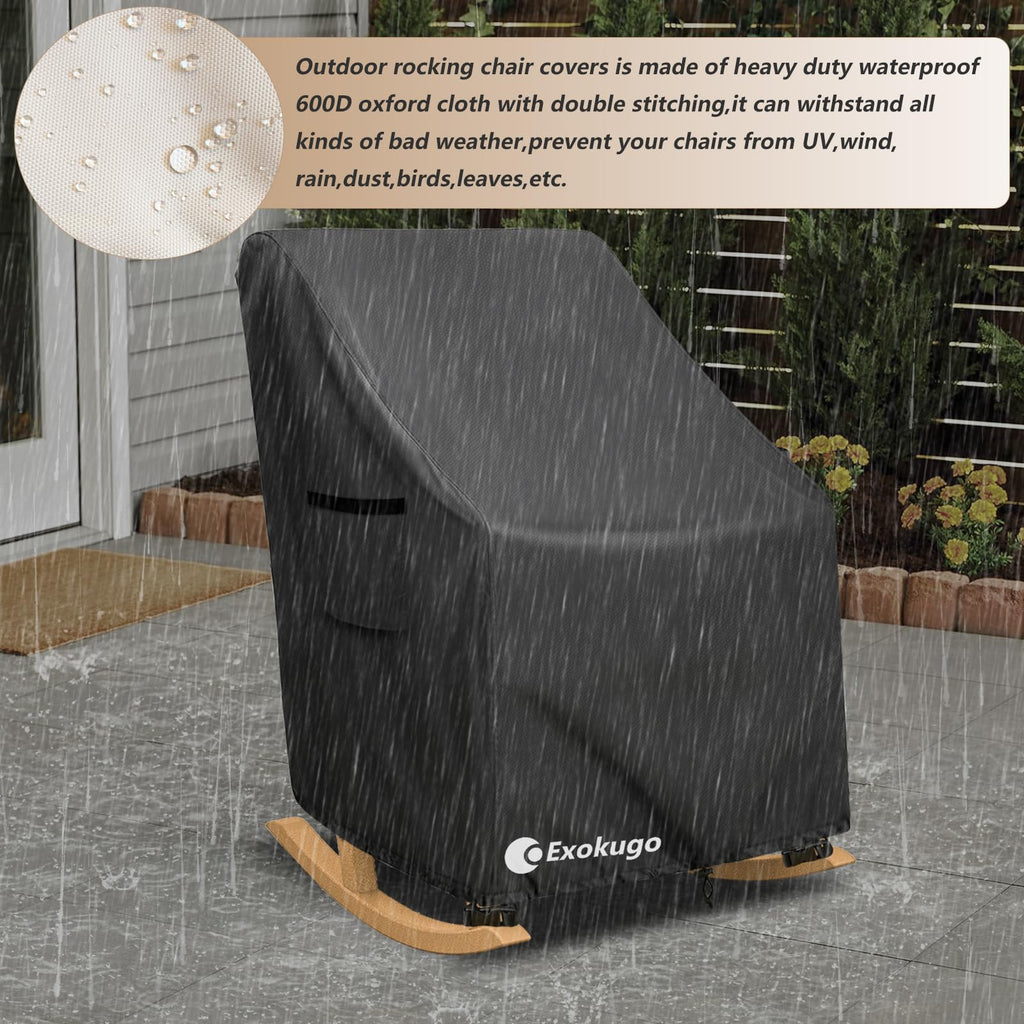 Outdoor Rocking Chair Cover, 600D Heavy Duty Waterproof Patio Chair Cover with 4 Buckle Straps, Air Vents and