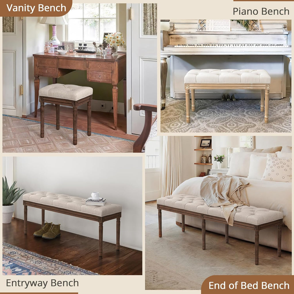 60" Fabric End of Bed Bench, Upholstered Tufted French Bedroom Bench with Carved Dark Brown Legs End of King Size
