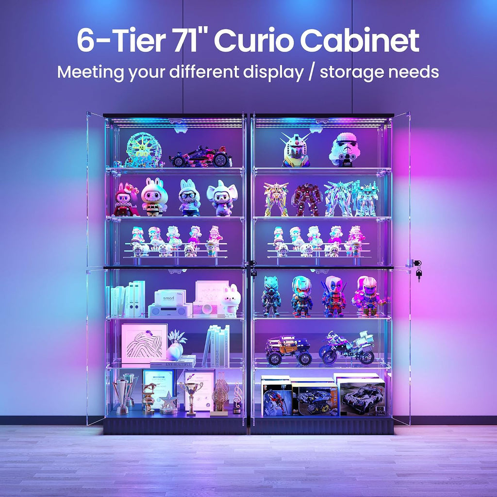 6-Tier Tall Glass Display Cabinet with RGB Lights for Collectibles | 71" Lockable Curio Cabinet,Glass Door,Display