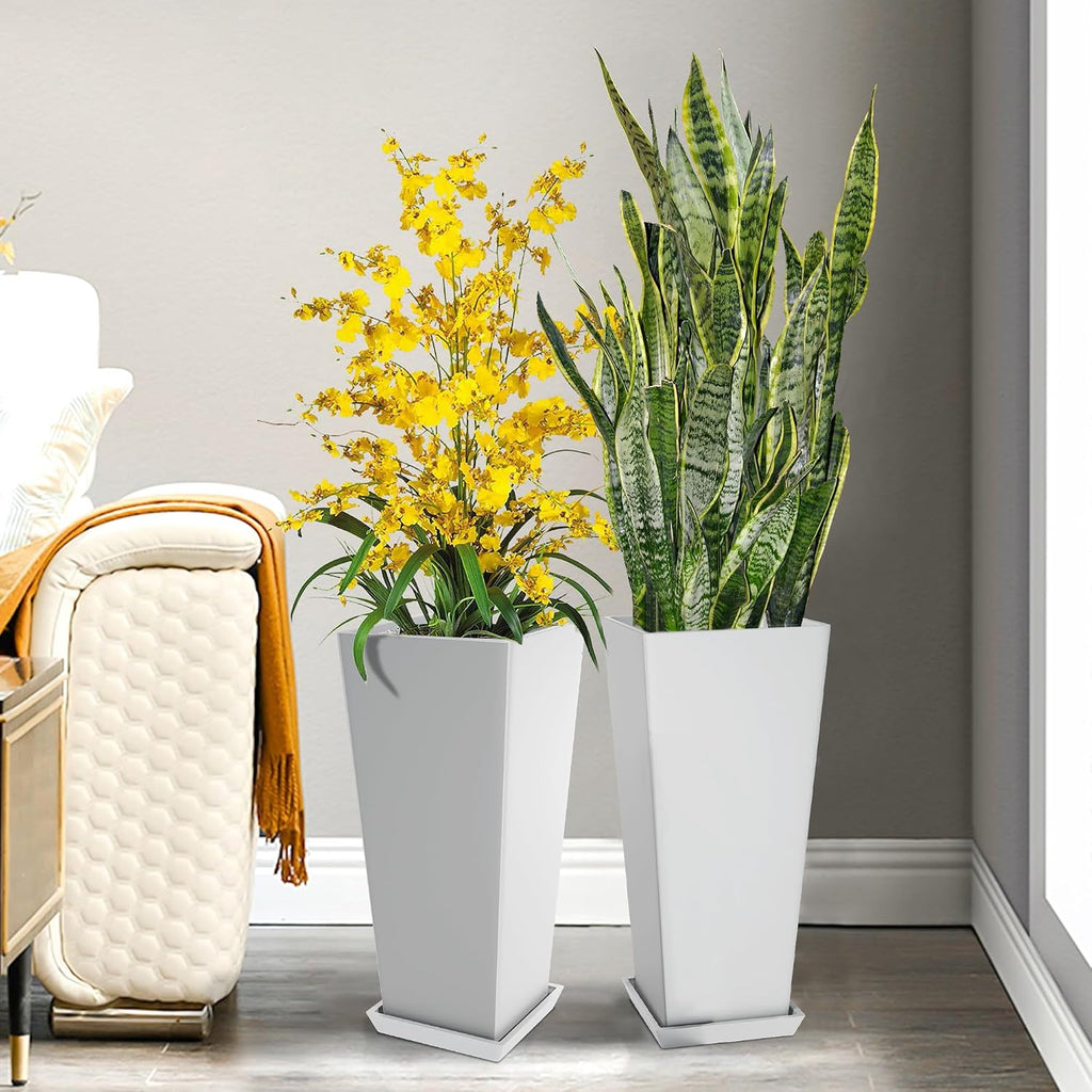 Set of 2 Tall Planters, 24" Large Indoor Outdoor Flower Pots with Tray, Modern Tapered Planters for Porch, Patio