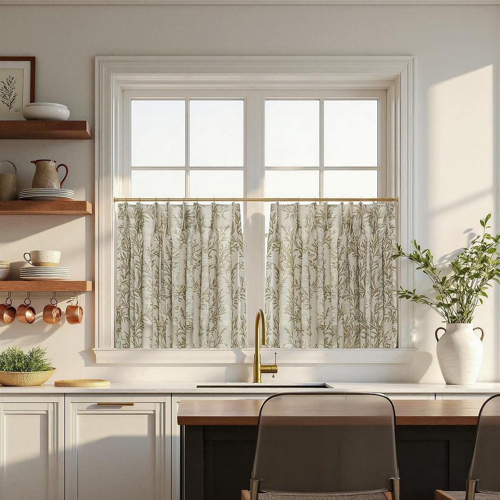 Pinch Pleat Cafe Curtains 24 Inch Long Printed Half Window Curtains for Bathroom (Stone, 34W x 24L Inches, Set of 2)