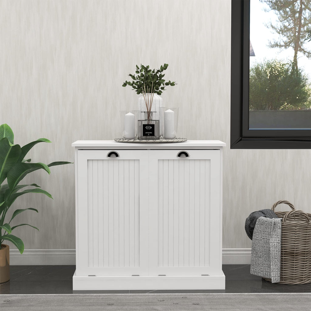 Tilt Out Laundry Hamper Cabinet with Removable Basket, Double Hidden Laundry Hamper, Wood Bathroom Storage, Free