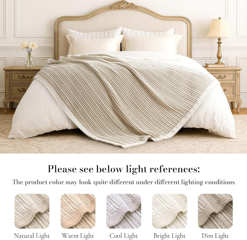 Striped Knit Throw Blanket, Dual-Sided Soft Chenille Decorative Blankets, 50"x60", Khaki & White