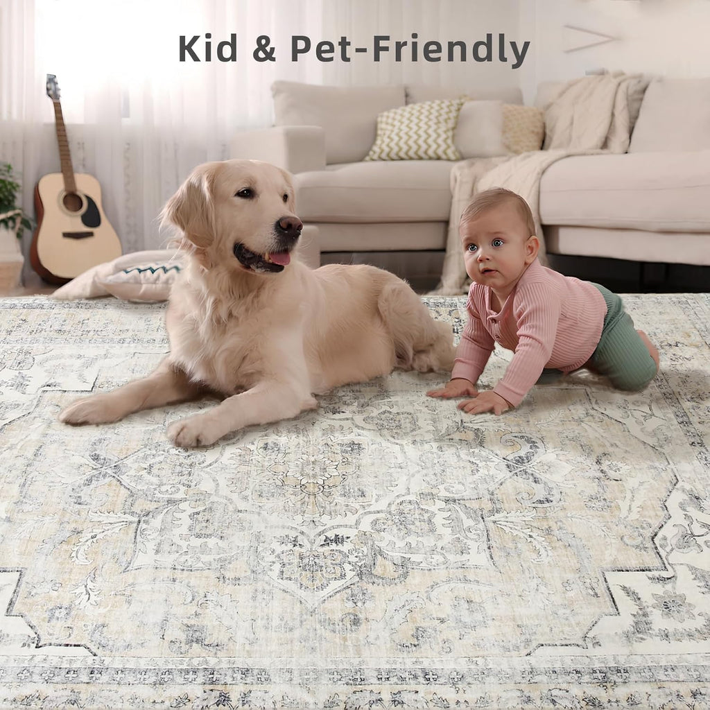 Area Rugs 9x12 Living Room: Washable Rugs for Bedroom Non Slip Low Pile Soft Faux Wool Non Shedding 