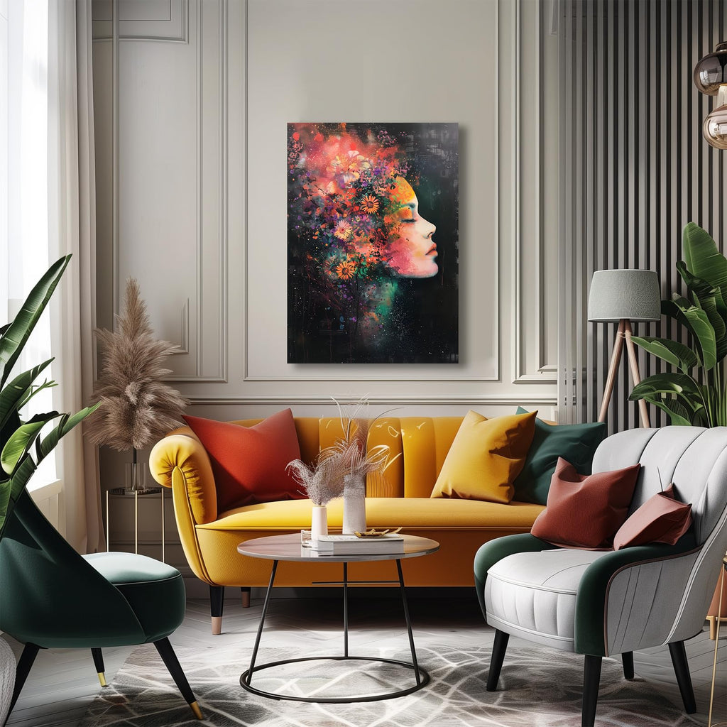 Framed Canvas Wall Art: Beautiful Woman With Colorful Flowers, Abstract Figure Canvas Decorative Painting, 16x24 Inch