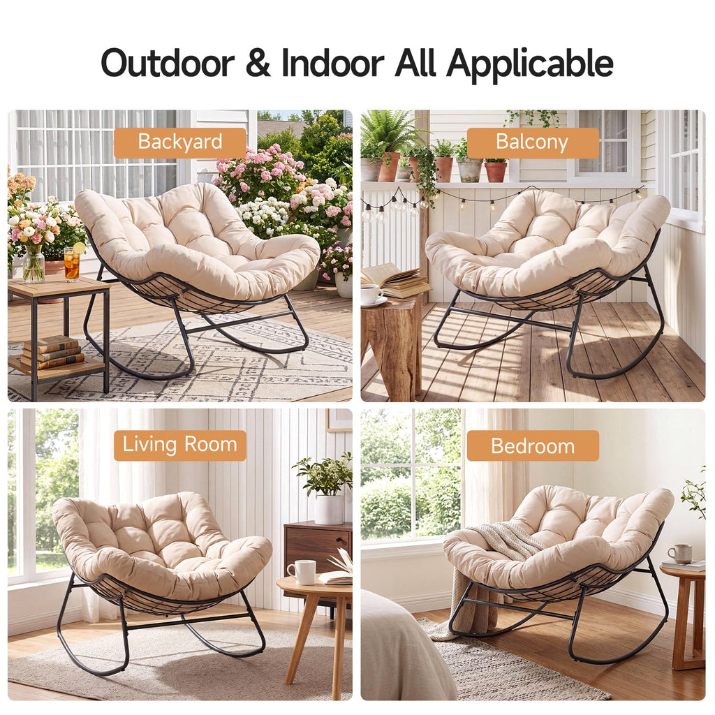 Papasan Rocking Chair, Oversized Outdoor Egg Chair with Thick Cushion
