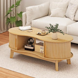 Coffee Table, Dual Oval Coffee Table with with Storage Cabinet and Sliding Tambour Door, 2-Tier Open Storage Shelf