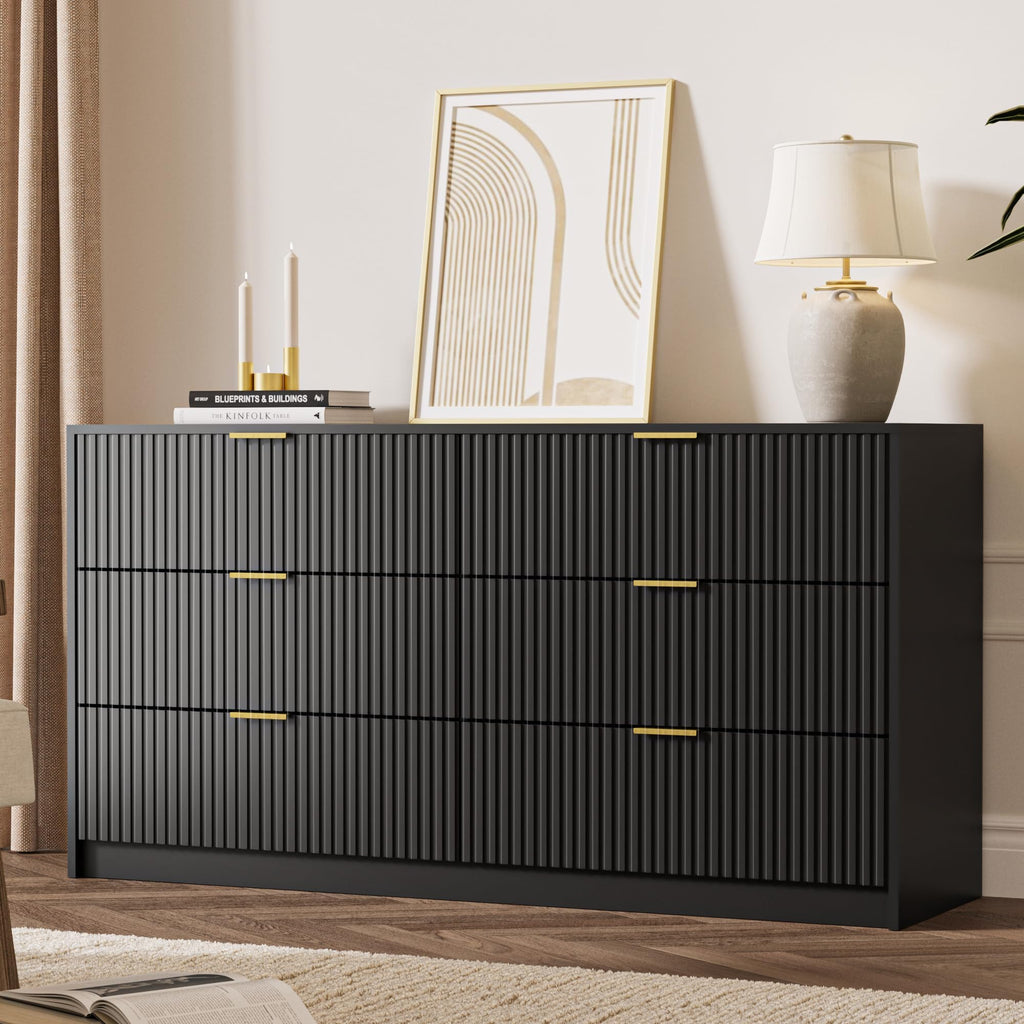 55" Wide Fluted 6-Drawer Double Dresser, Black