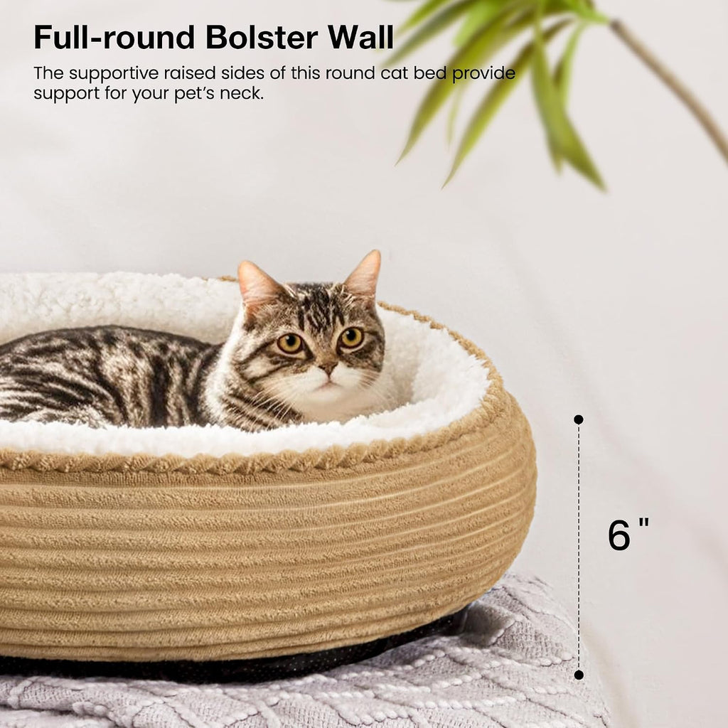 Round Donut Cat and Dog Cushion Bed, 20in Pet Bed for Cats or Small Dogs, Anti-Slip & Water-Resistant Bottom, Super