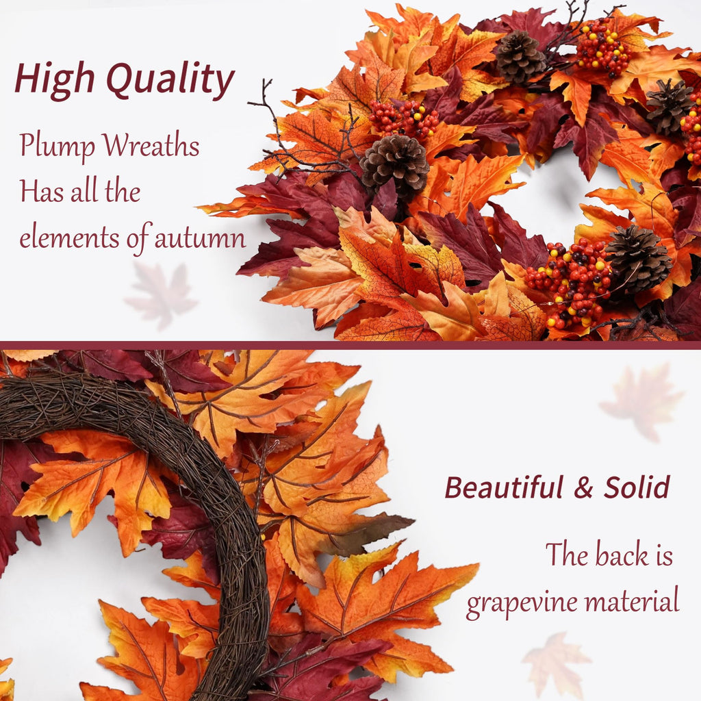 24in Fall Wreath for Front Door with 20 Lights & Timer