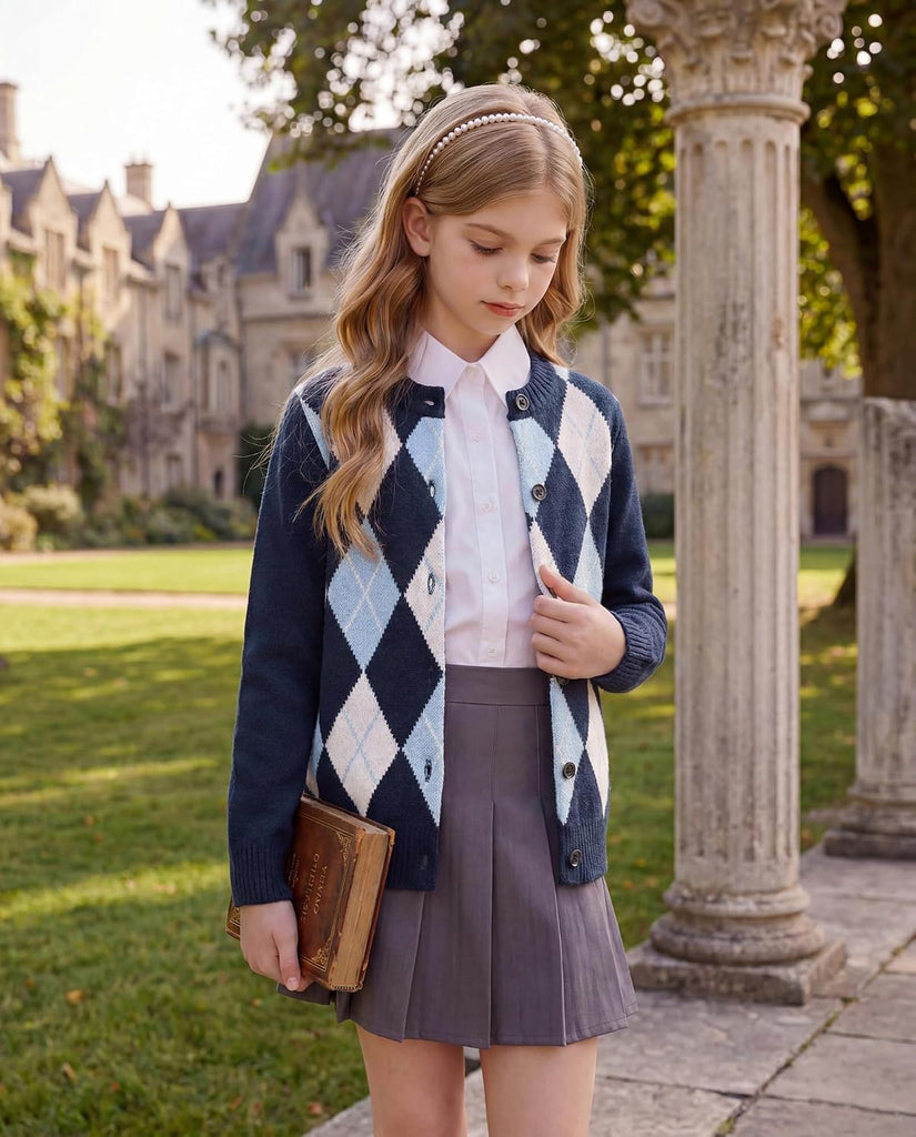 Sweater Button Argyle Knit School Uniform