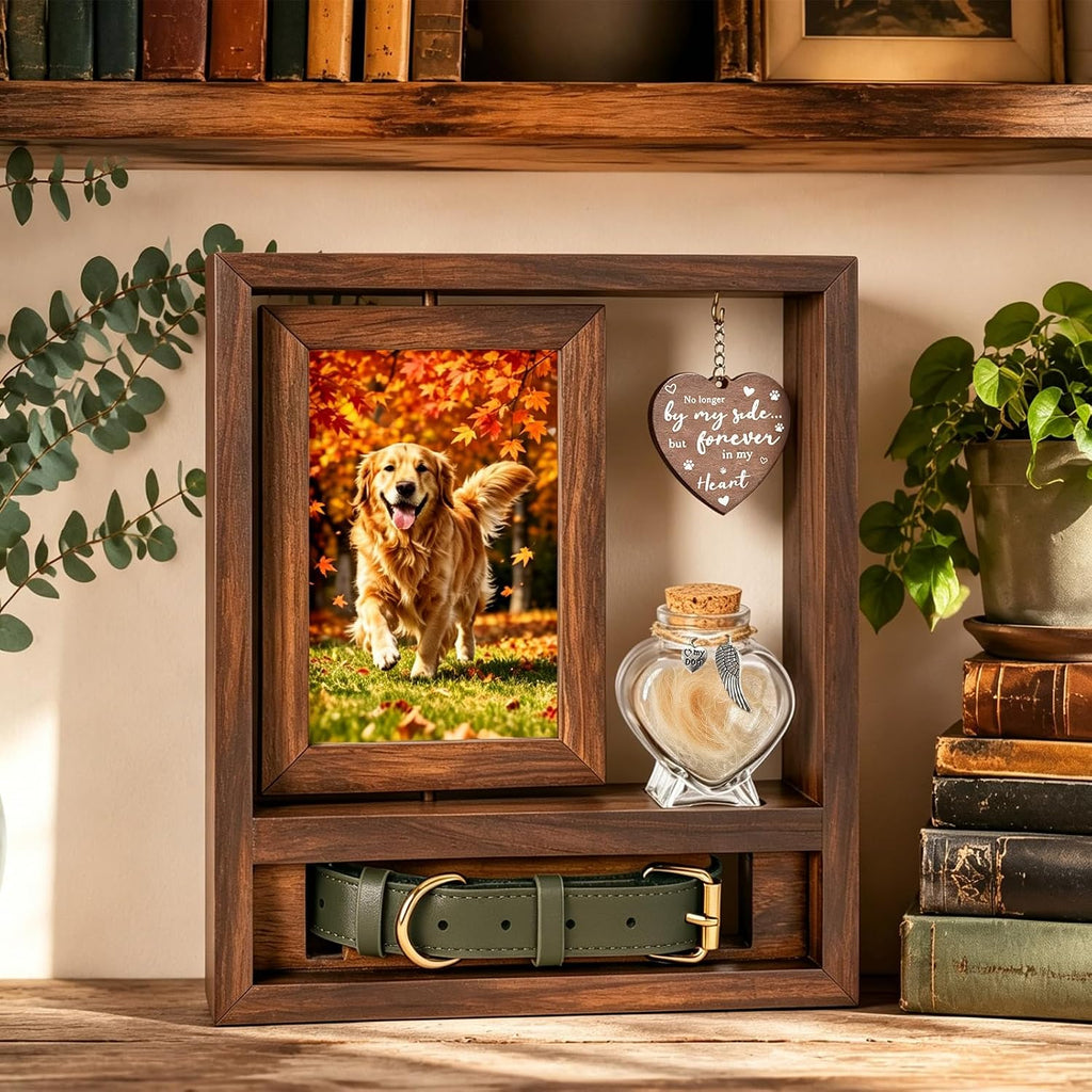 3 in 1 Dog Memorial Frame, Rotating Wood Frame with Fur Jar