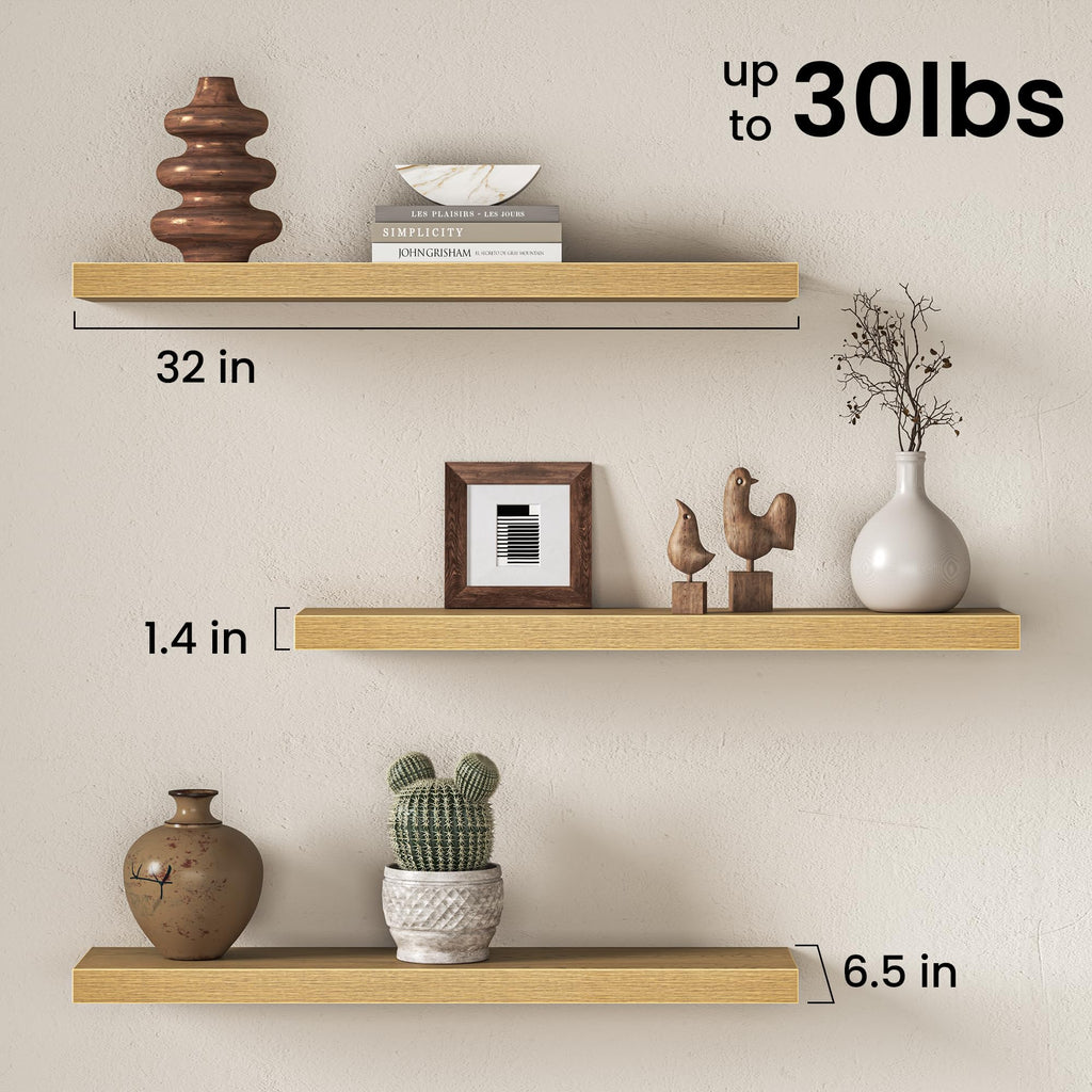 32 Inch Floating Shelves Wall-Mounted, Rustic Wood Shelf with Invisible Brackets, Deep Floating Shelves for Wall