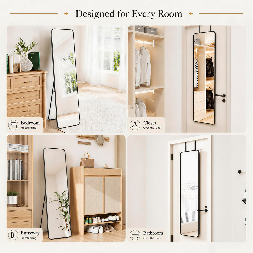 57x16" Full Length Mirror Floor Stand, Over the Door, Wall Mounted Black