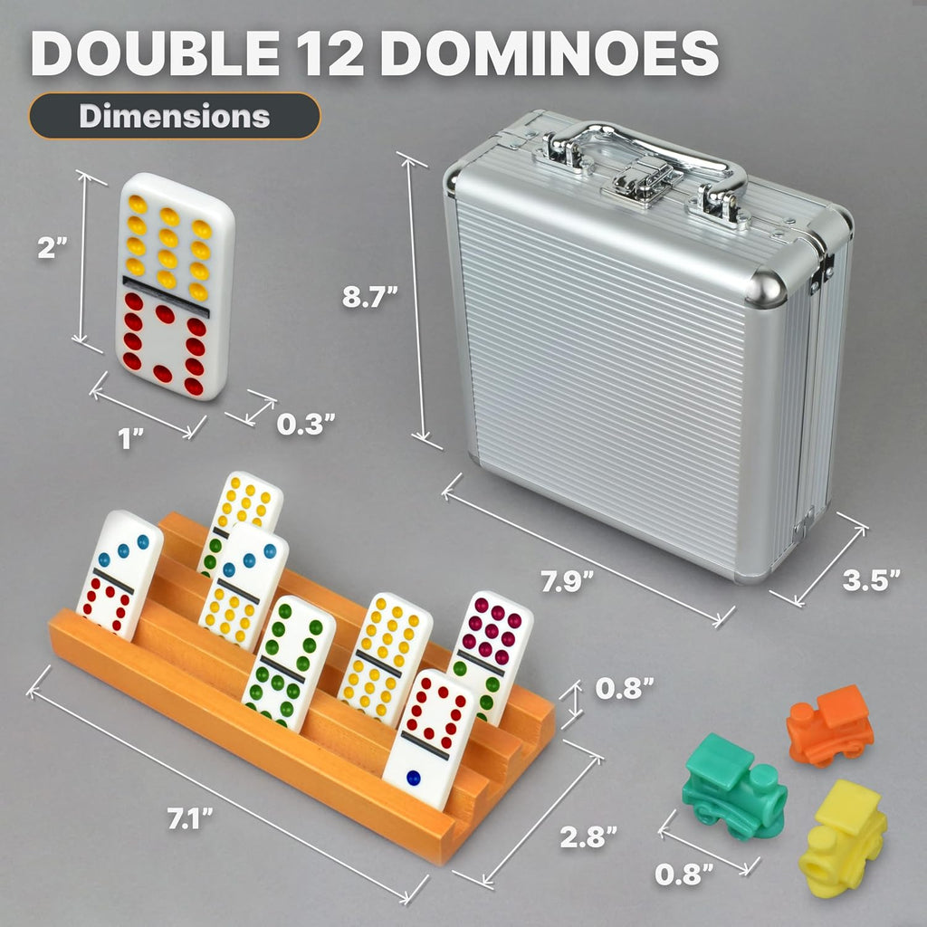 Mexican Train Dominoes Set with 4 Holders - Dominoes Double 12 with Wooden Hub and Tiles Holders - Double 12 Dominos