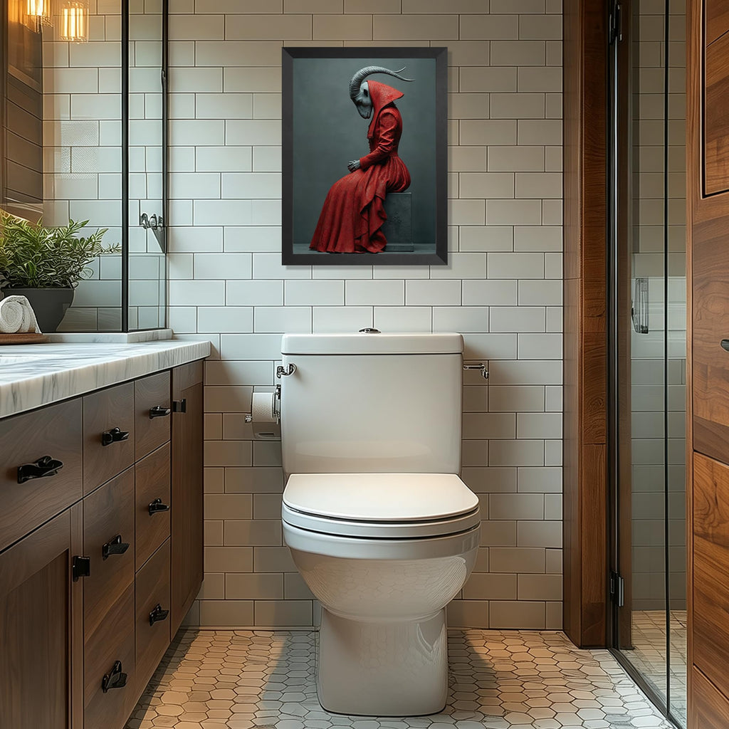 Mystical Goat-Headed Figure in Red Robe Wall Art, Surreal Fantasy Sculpture Print, Dark Gothic Decor for Study or