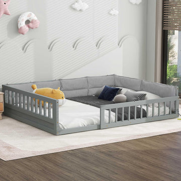 Floor Bed with Fence and Pillow, Kids Montessori Bed with Safety Guardrails, Solid Wood Playhouse Bed Frame