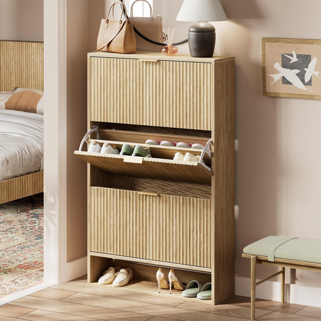 31.5''W Oak Shoe Cabinet Storage, Fluted Slim Shoe Dresser with 3 Flip Drawers, Narrow Shoe Rack Cabinet, Hidden