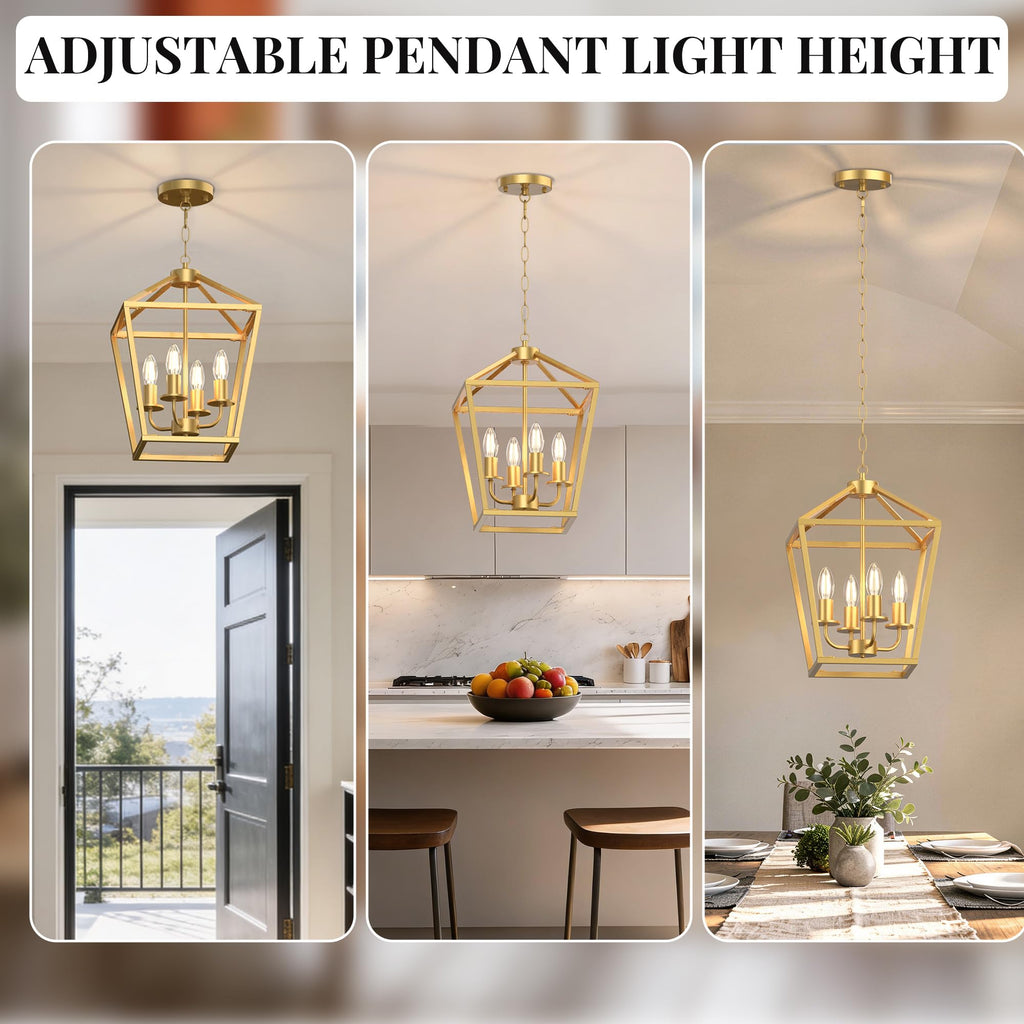 4-Light Gold Chandelier, Modern Farmhouse Lantern Light Fixture