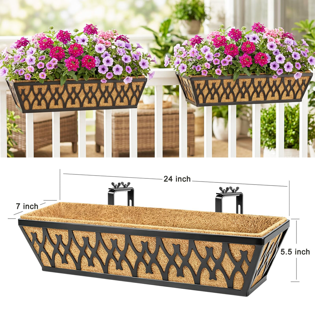 2 Pack 24 Inch Window Boxes Planters Railing Planter Box with Adjustable Brackets for Porch Fence Patio Balcony
