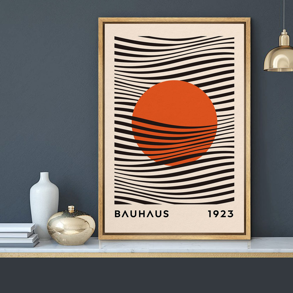 Framed Canvas Print Wall Art Mid-Century Bauhaus Red Sun & Black Waves Shapes Abstract Illustrations Modern Art