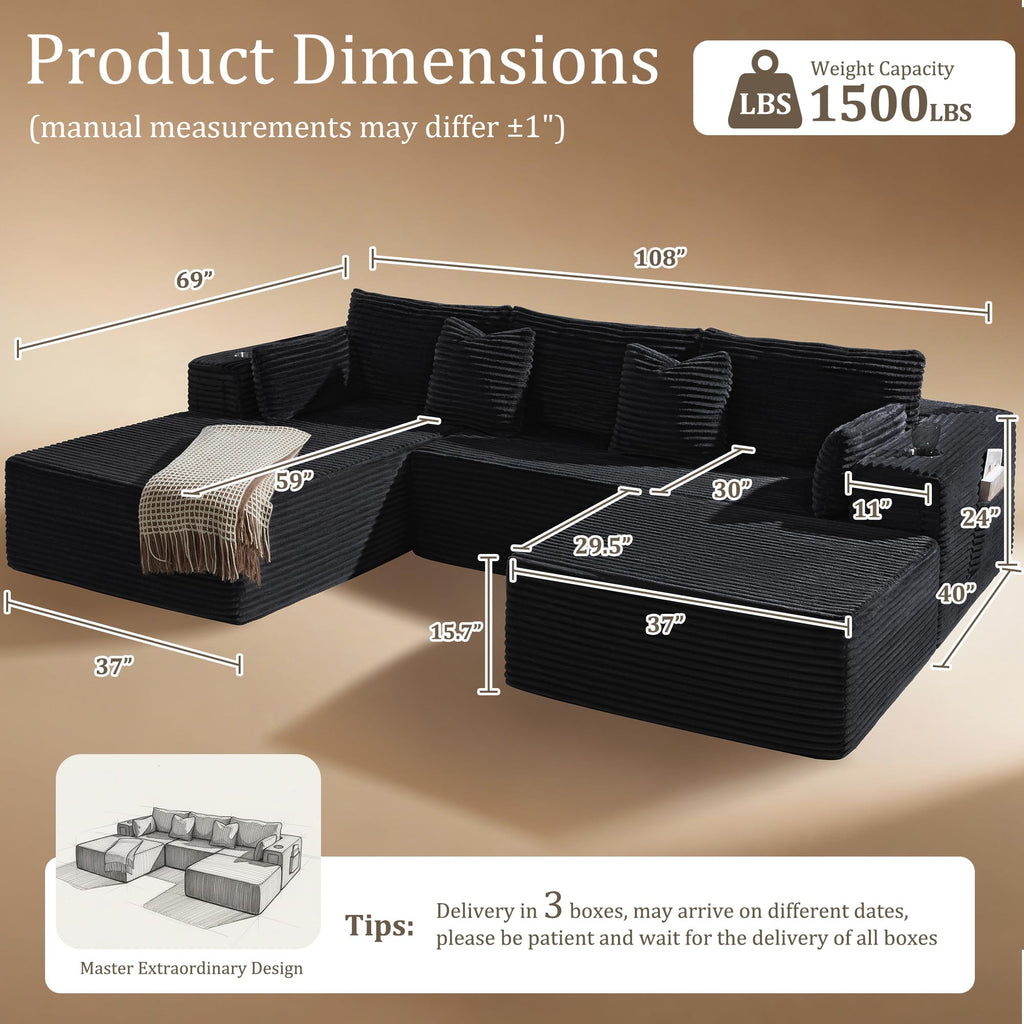 108" Oversized Cloud Sectional Couch, Comfort U Shaped Boneless Couch, Extra Deep Seats No Assembly, Modular Sofa