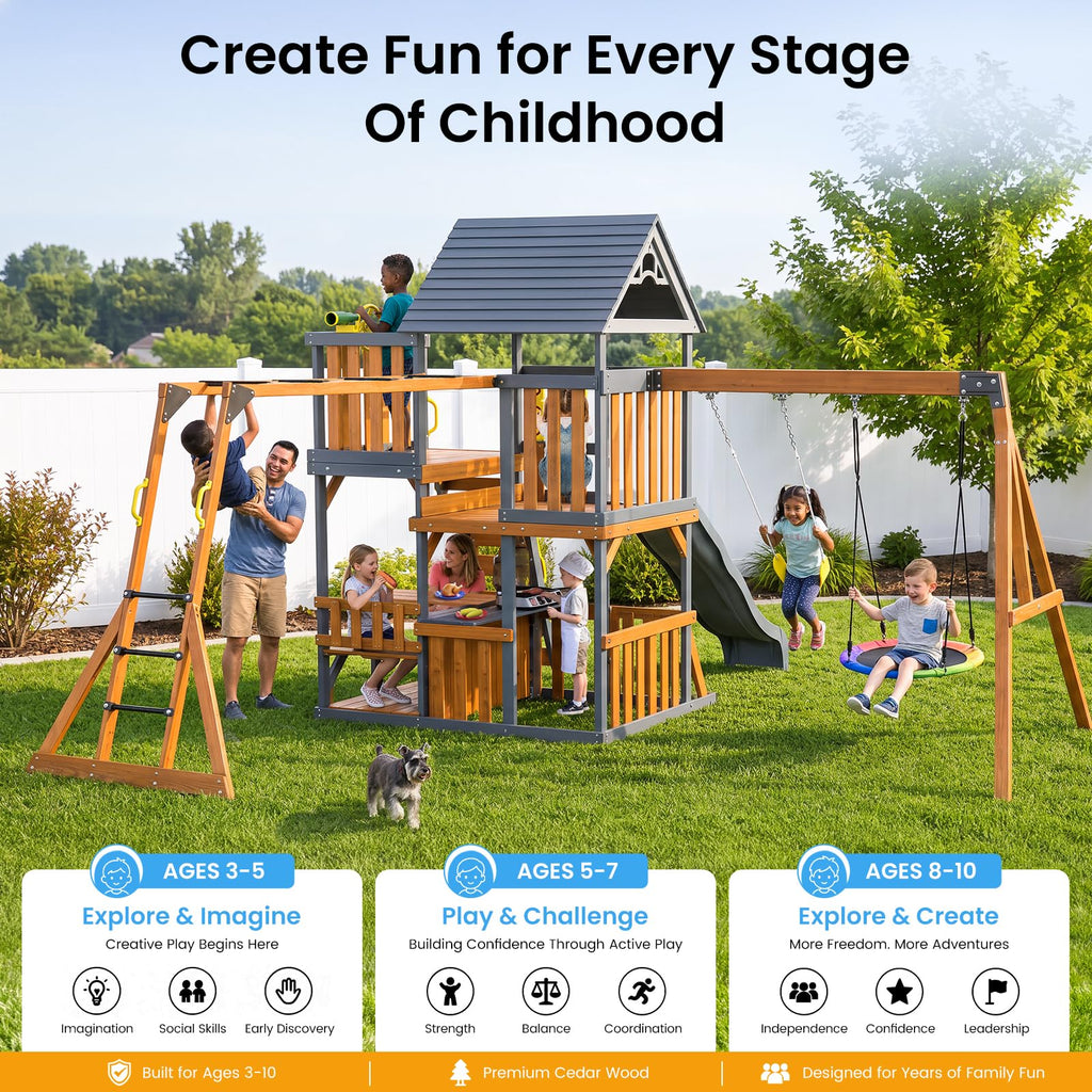 Wooden Swing Sets for Backyard, 12-in-1 Outdoor Playset
