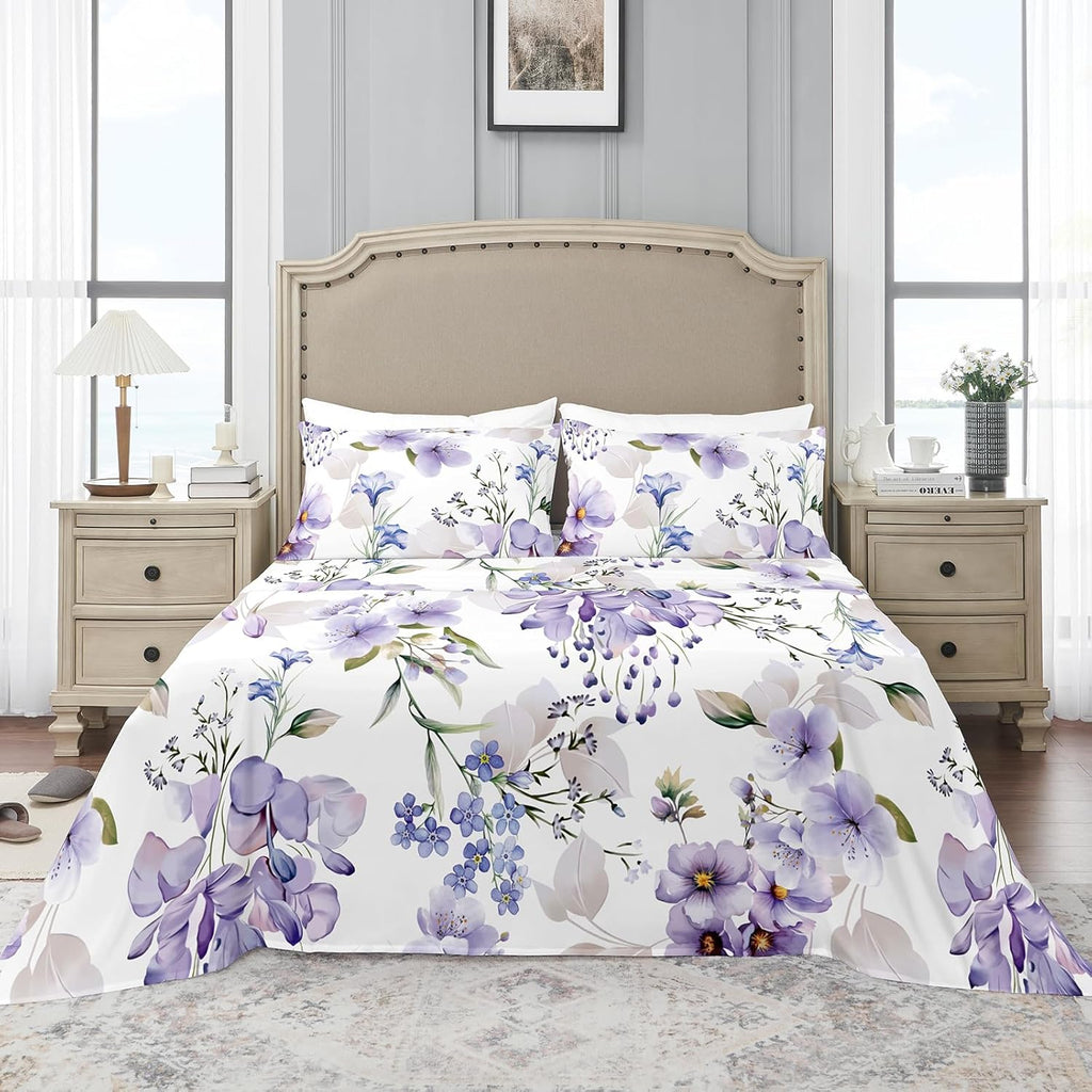 King Sheets Set, Luxury 1800TC Hotel Quality Double Brushed Microfiber Floral Bed Sheets for King Bed, Ultra Soft