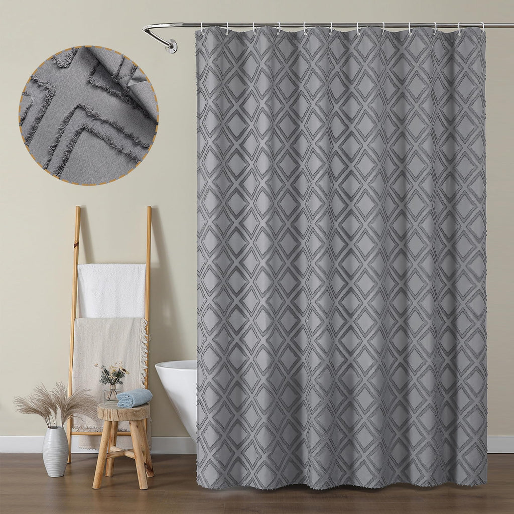 Extra Long 96 Inch Grey Shower Curtains, Boho Fabric Shower Curtain Grommet Top With 12 Hooks, Elegant Modern