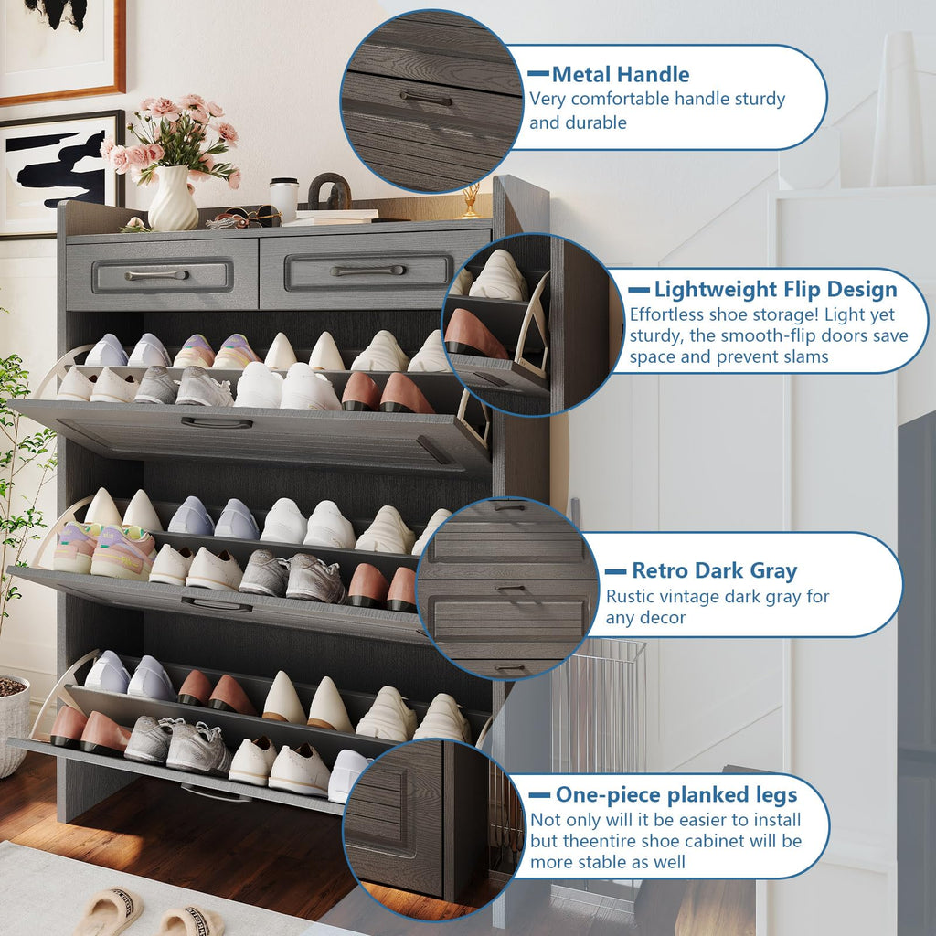 31.5" W Shoe Cabinet, Hidden Wood Shoe Cabinet with 2 Storage Drawers & 3 Flip Drawers, Narrow Freestanding Shoe