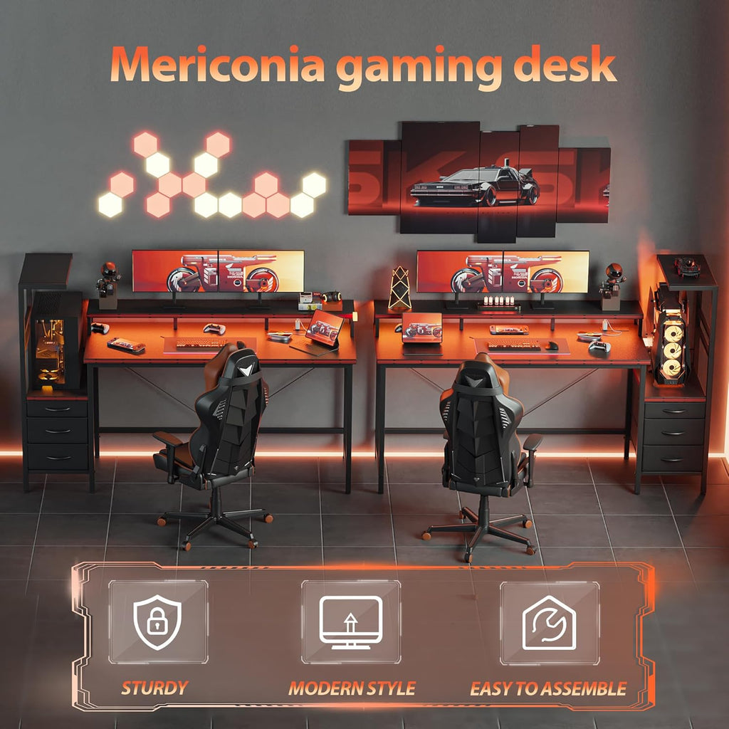 60 inch Gaming Desk with Drawers, Reversible Computer Desk, Black | Gamer Desk with LED Lights, Power Outlets &