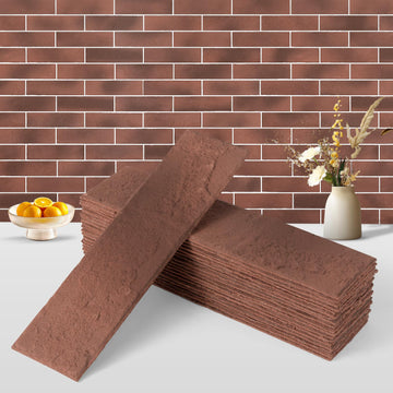 100 Pcs Vintage Red Faux Thin Brick Tiles Veneers, Inorganic Modified Clay, 14 Sq.Ft, Interior Wall Decor Backsplash