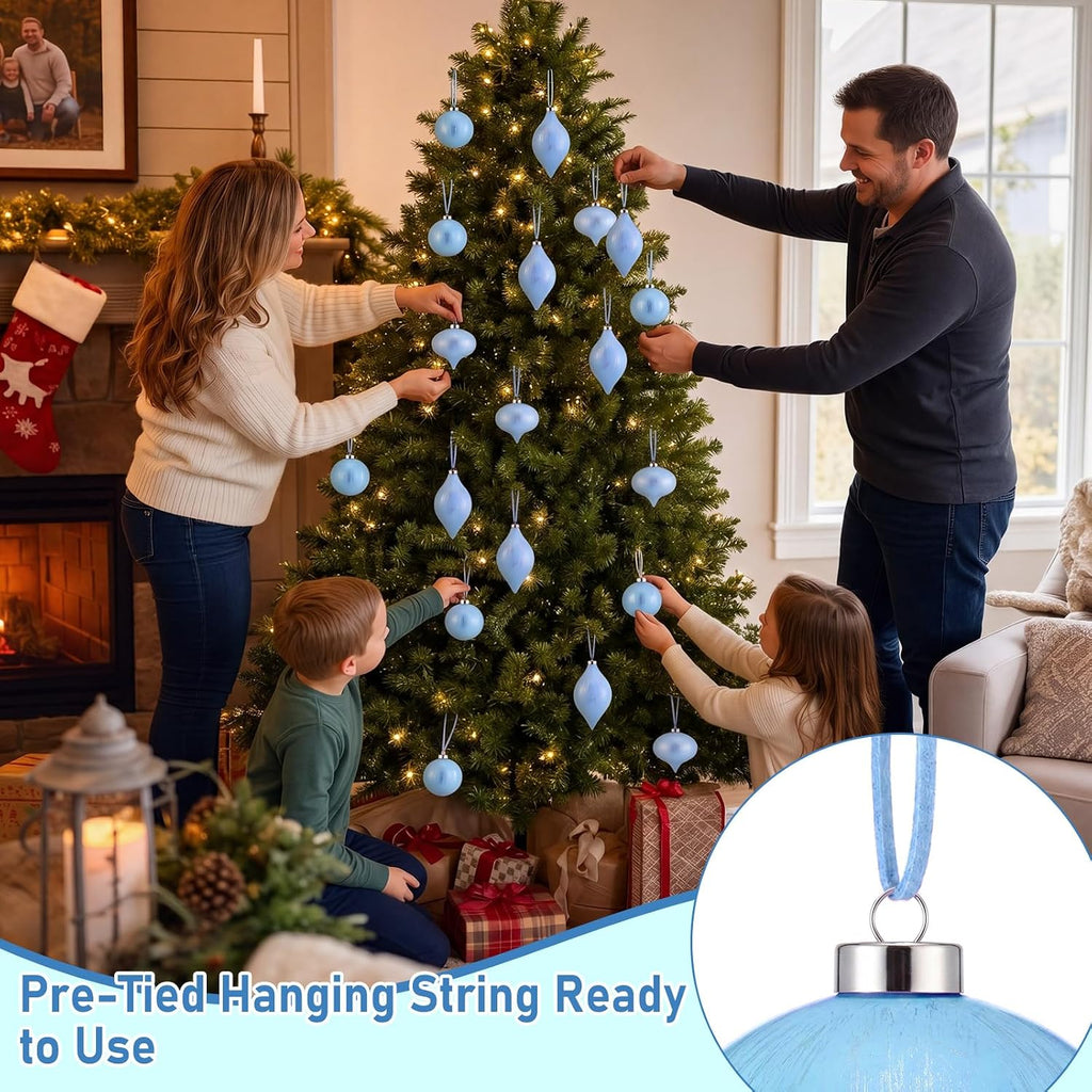 Farmhouse Christmas Ball Ornaments, Baby Blue - Set of 12