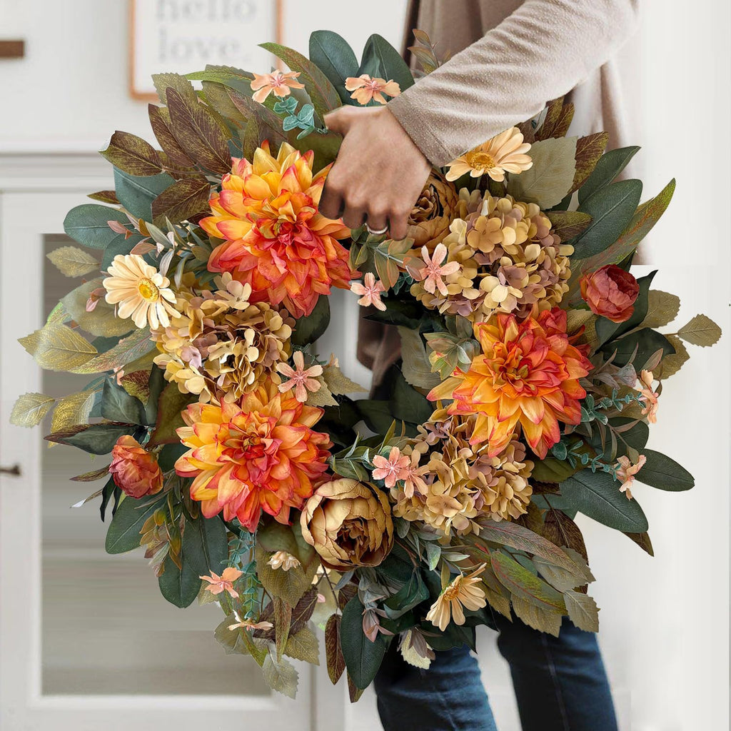 24in Fall Front Door Wreath Dahlia Hydrangea Peony Table Decor