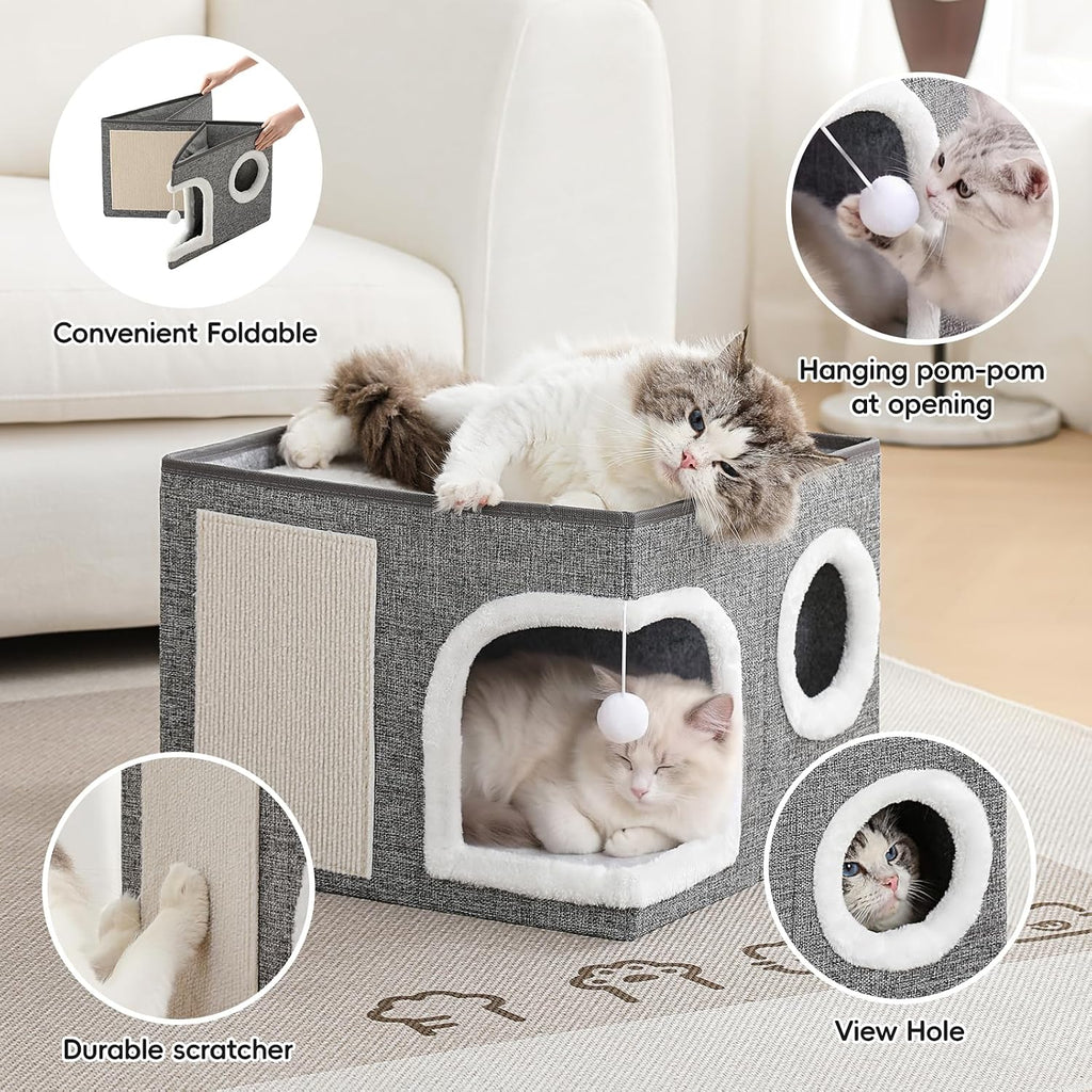 Cat Beds for Indoor Cats, Large Kitten Bed with Scratch Pad, Grey