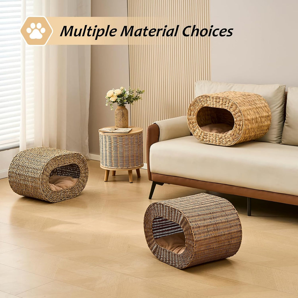 Cat House, Handwoven Cat Cave Pet Cube, Rattan Cat Beds Indoor Kitten House with Double-Sided Soft Cushions, Pet Cat