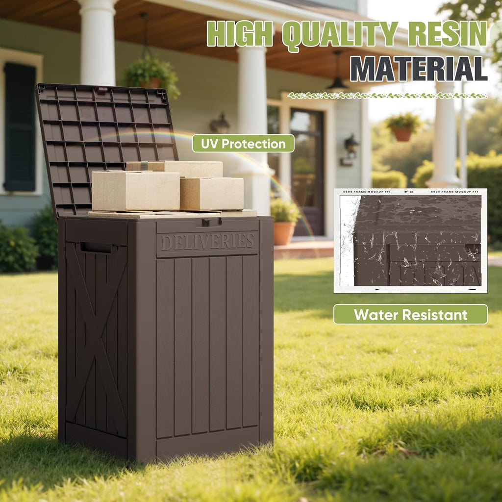 48 Gallon Outdoor Package Delivery Box with Lock, Waterproof Secure Parcel Drop Box Wall Resin Storage, Brown