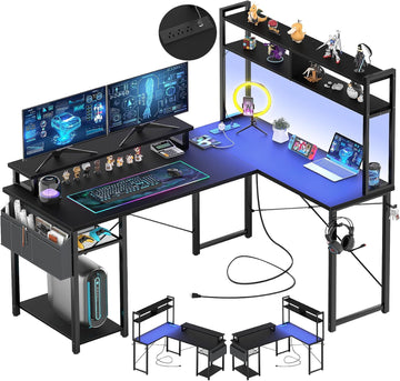 Small L Shaped Desk Gaming Desk with LED Lights & Power Outlets | Reversible L-Shaped Computer Desk with Monitor