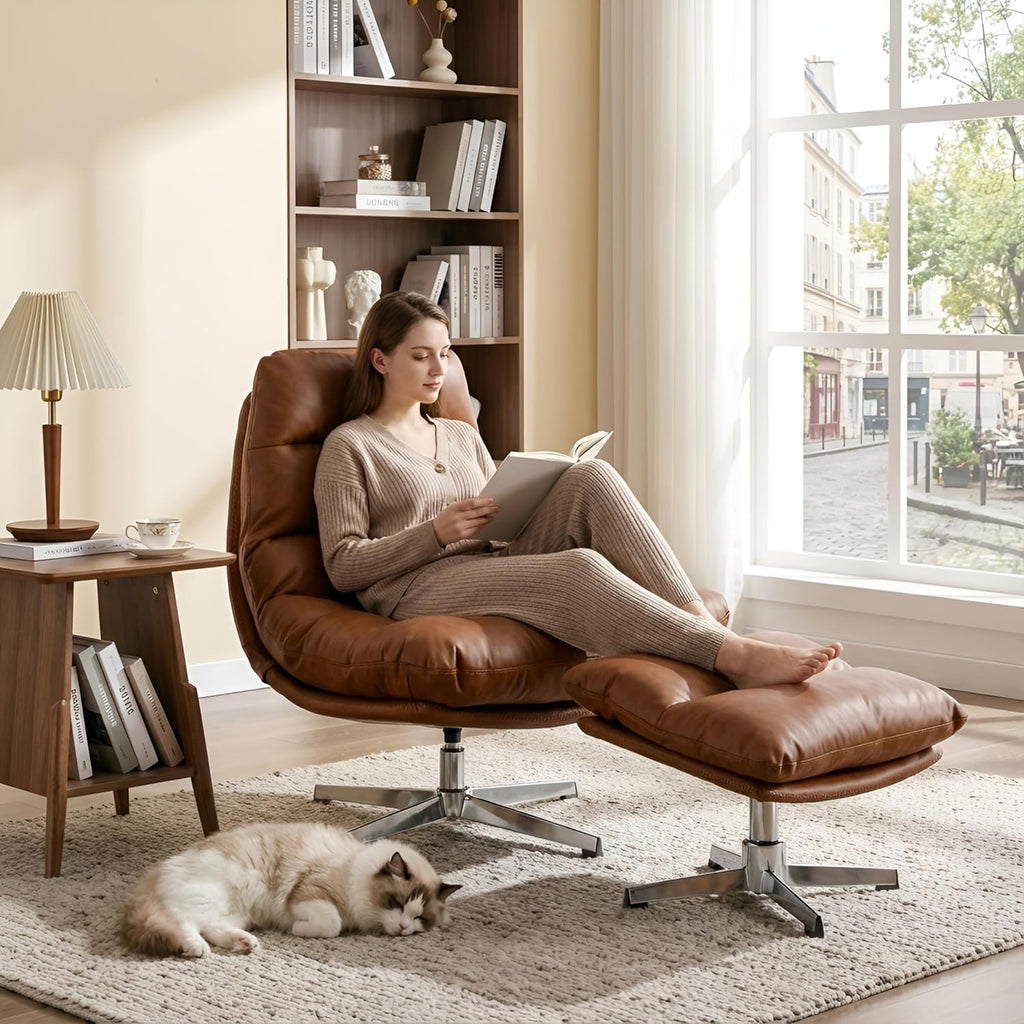Modern Swivel Lounge Chair and Ottoman — Brown Faux Leather
