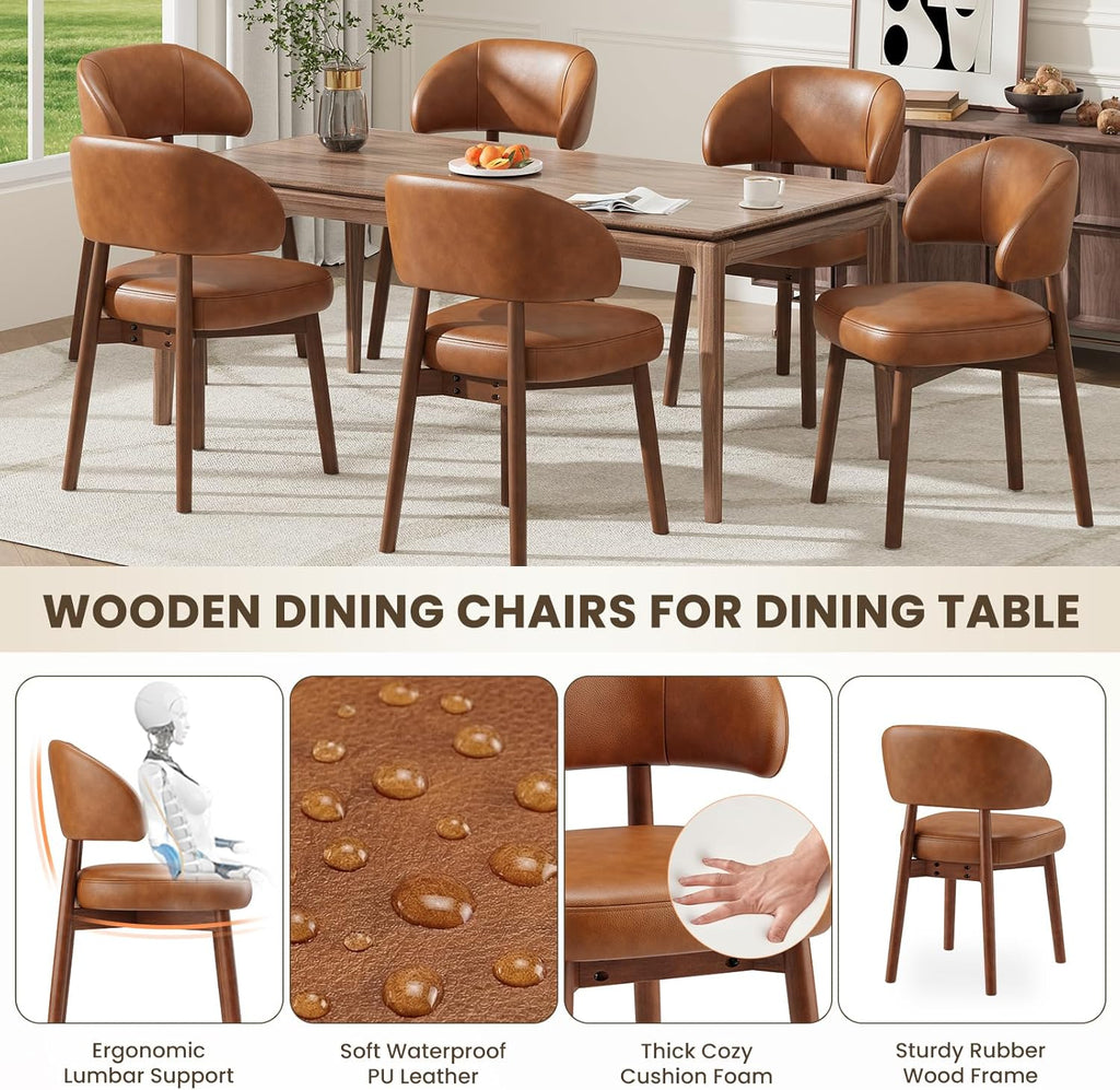 Wooden Dining Chairs Set of 4, Modern Upholstered Dining Room Chair, PU Leather Kitchen Side Chairs with Curved Open