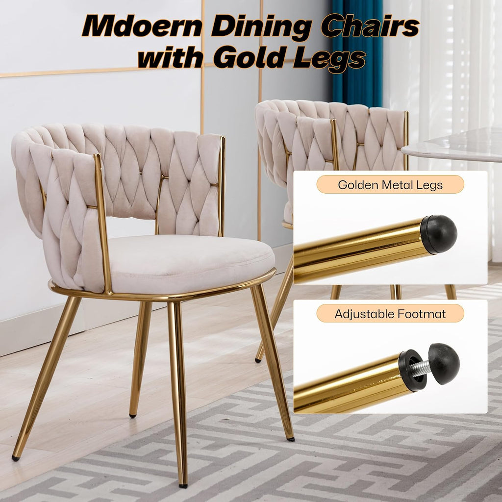 Velvet Woven Dining Chairs Set of 2, Modern Hand Weaving Dining Chair with Hollowed Backrest, Upholstered Club Chairs